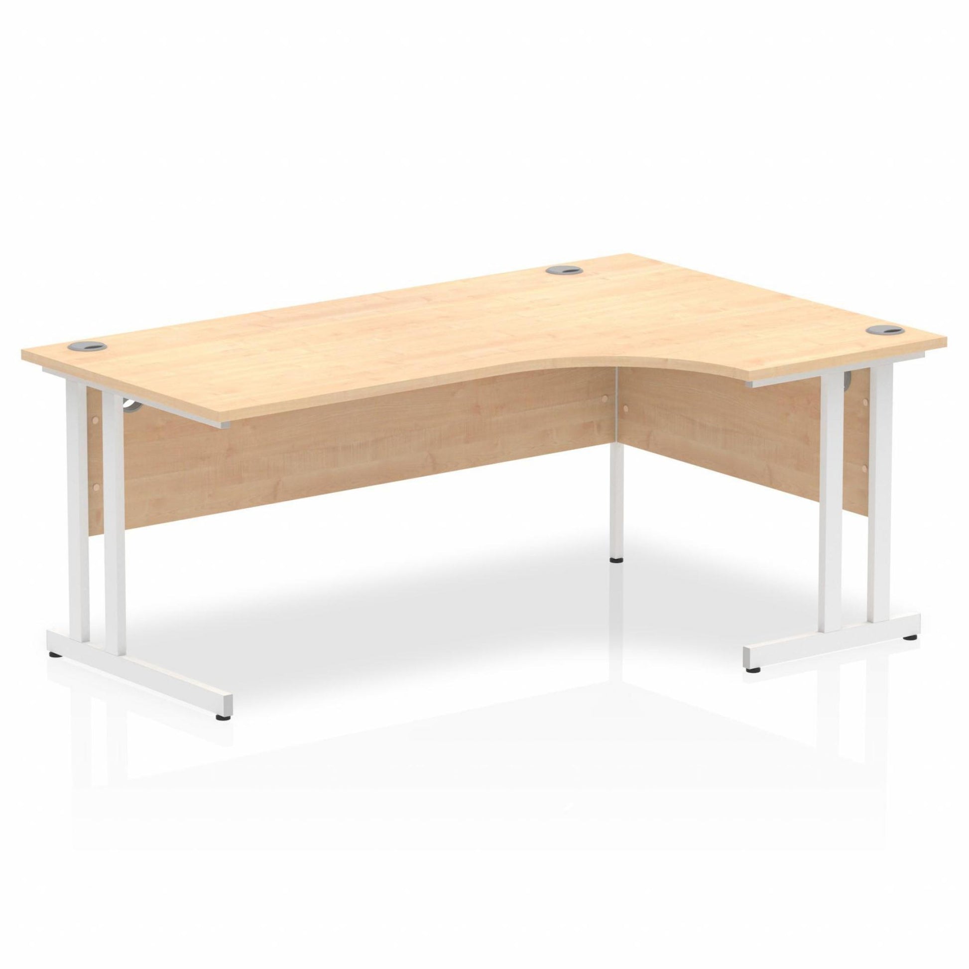 Maple L-shaped desk with drawers on a white background