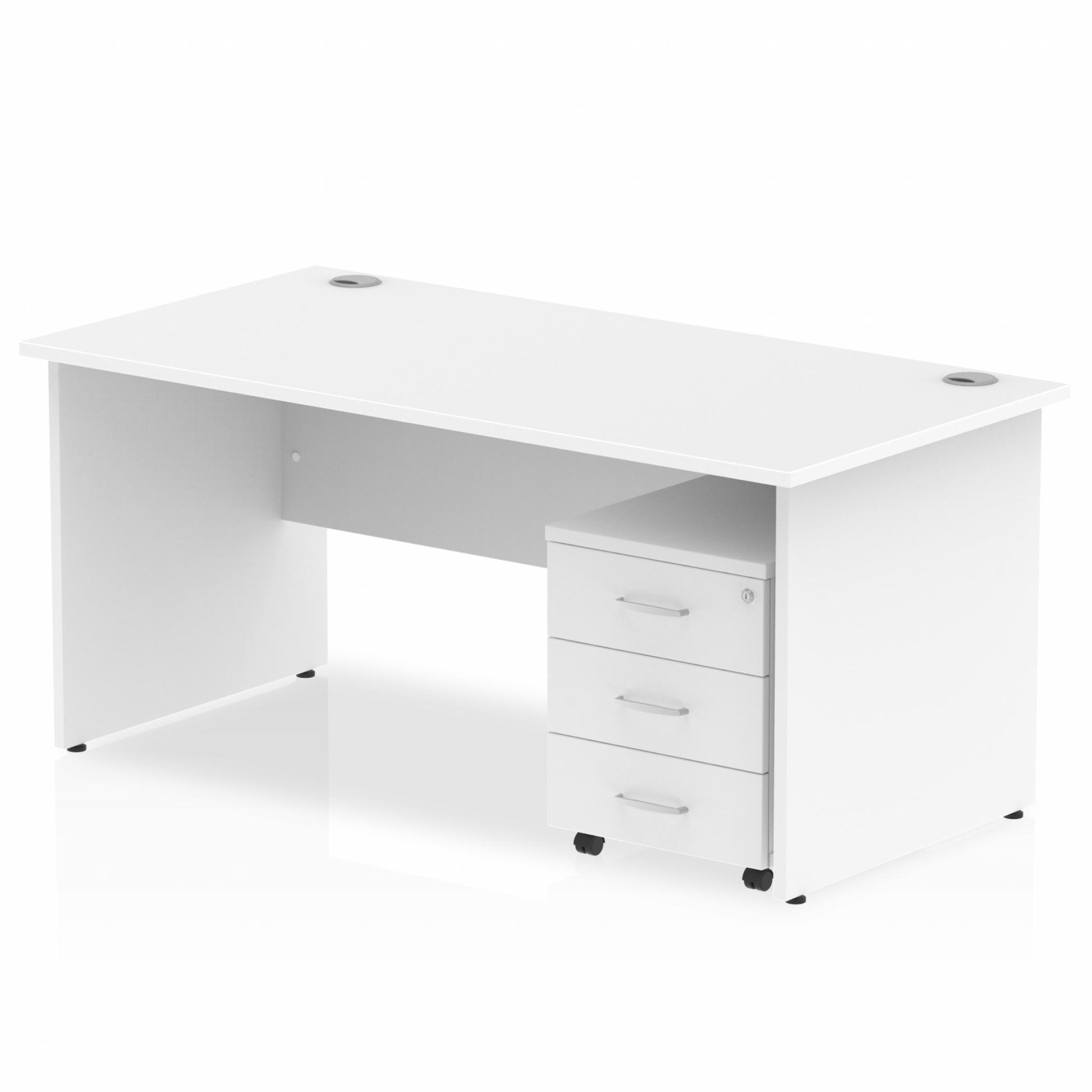 White straight desk with drawers on a white background