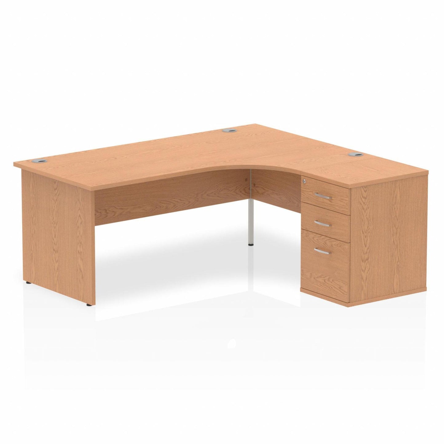 Oak L-shaped desk with drawers on a white background