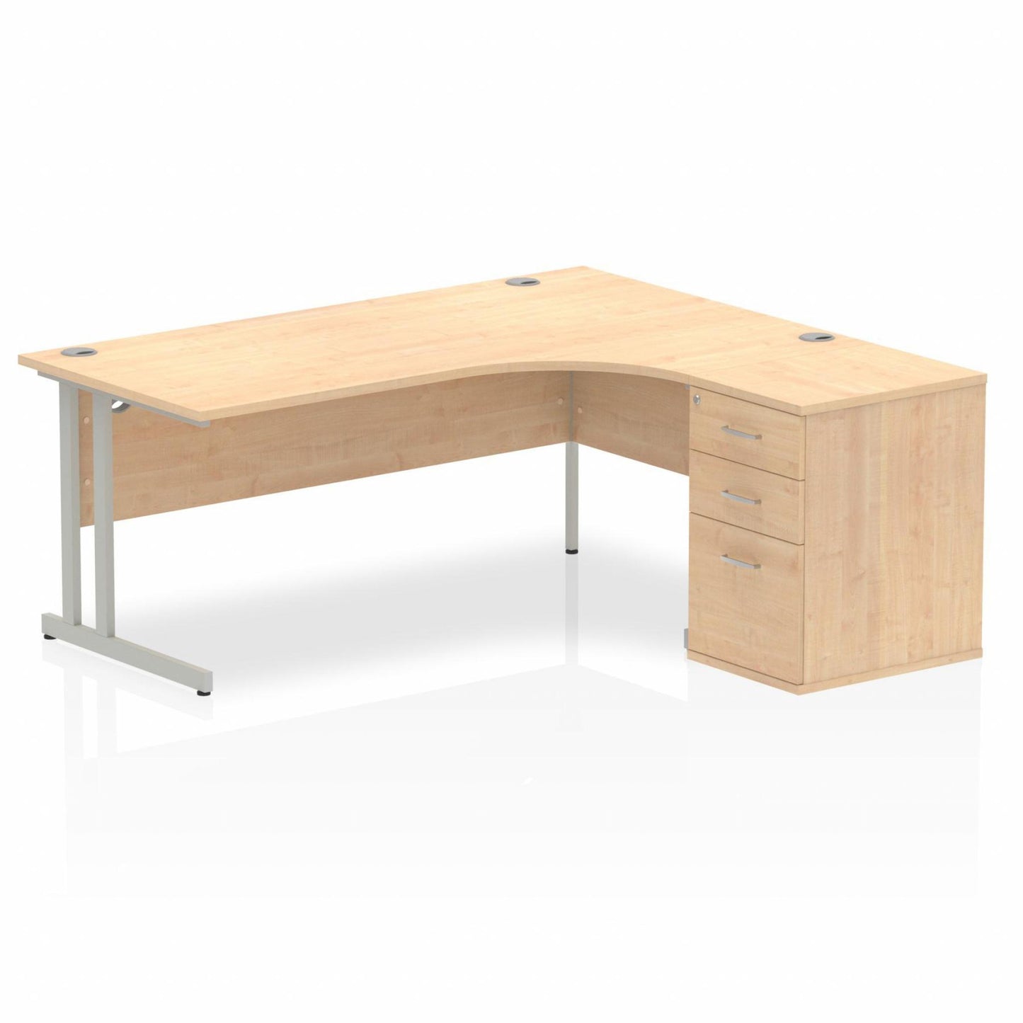 Impulse 1800mm Right Hand Curved Desk, Maple Top with Silver Cantilver Legs inc 3 Drawer Desk, High Pedestal