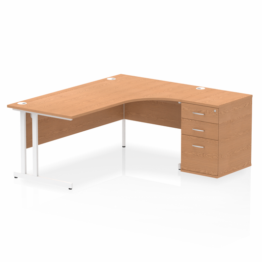 Impulse 1800mm Right Hand Curved Desk Oak, White Cantilver Legs inc 3 Drawer Desk High Pedestal Ref I004146 OE