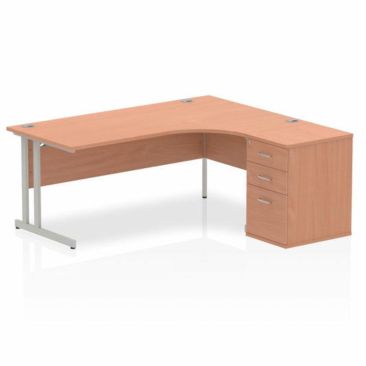 Impulse 1800mm Right Hand Curved Desk Beech Silver Cantilver Legs inc 3 Drawer Desk High Pedestal Ref I000553 OE