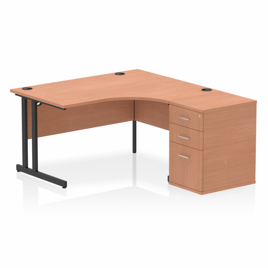 Impulse 1400mm Right Hand Curved Desk Beech, Black Cantilver Legs inc 3 Drawer Desk High Pedestal Ref I004458 OE