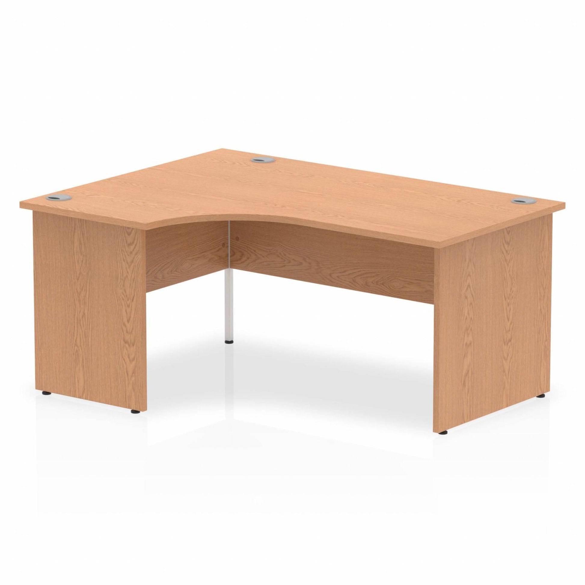 Oak L-shaped desk with drawers on a white background