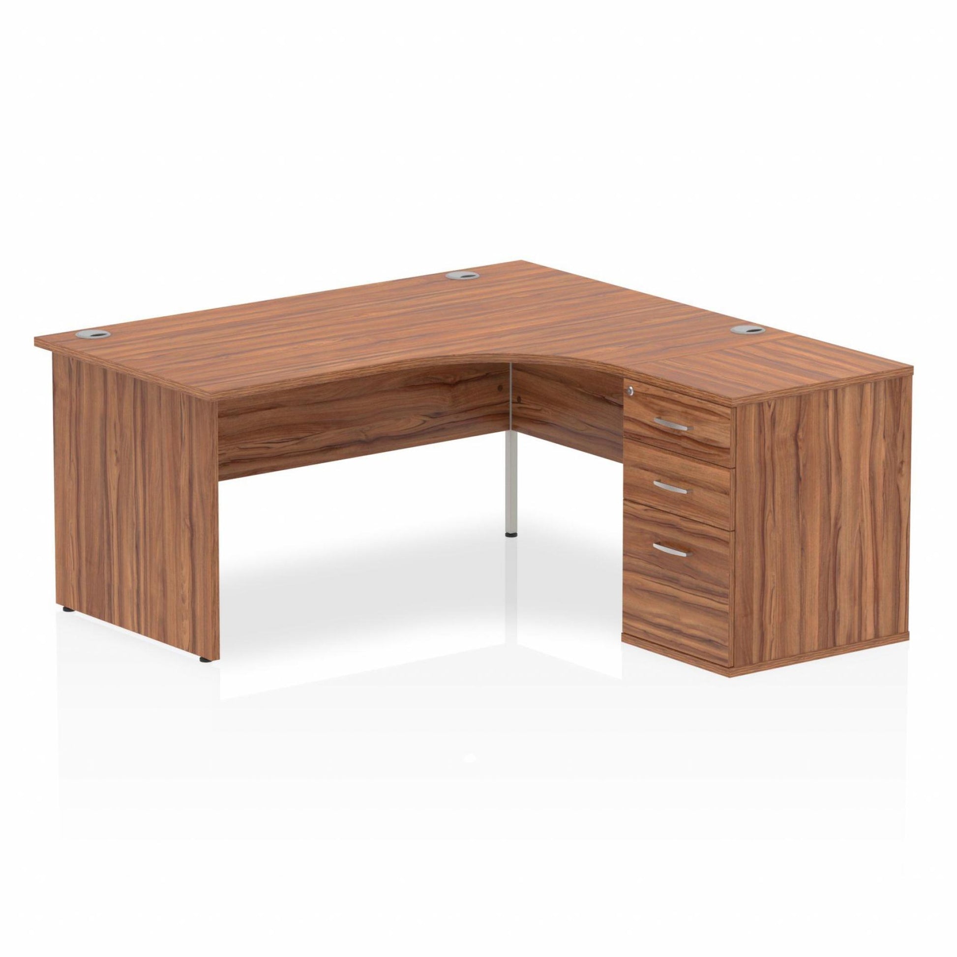 Walnut L-shaped desk with drawers on a white background