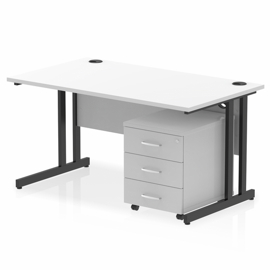 Impulse 1400mm Straight Desk White Top Black Cantilever Legs & 3 Drawer Pedestal