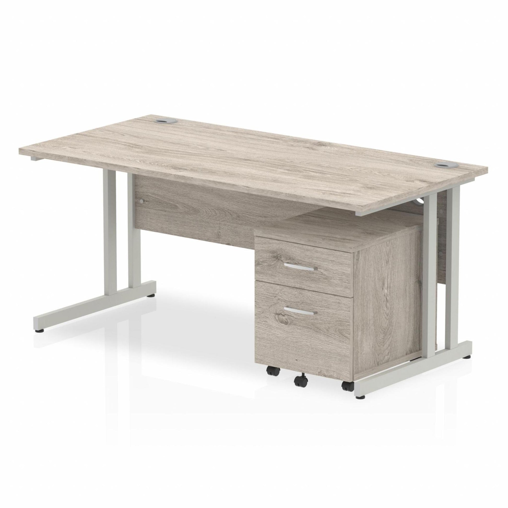 Grey oak straight desk with drawers on a white background
