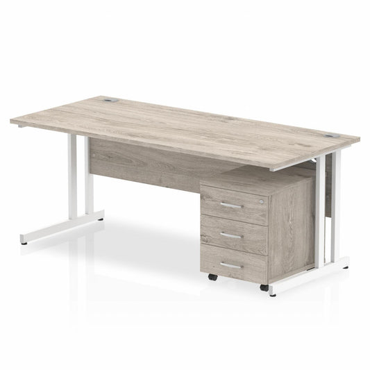 Impulse 1800x800mm Straight Desk, Grey Oak Top with White Cantilever Legs inc 3 Drawer Mobile Pedestal