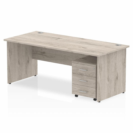 Impulse 1800mm Straight Desk Grey Oak Top Wooden Panel Legs & 3 Drawer Pedestal