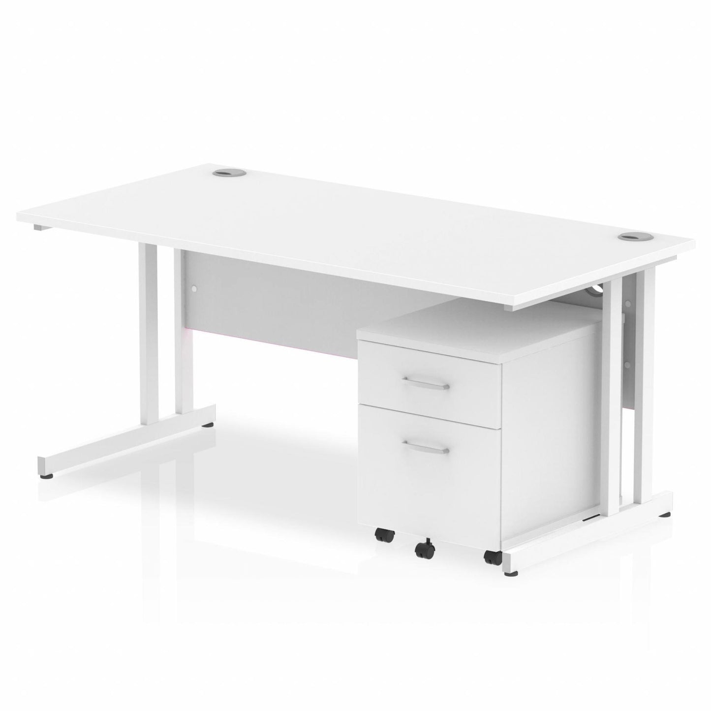 White straight desk with drawers on a white background