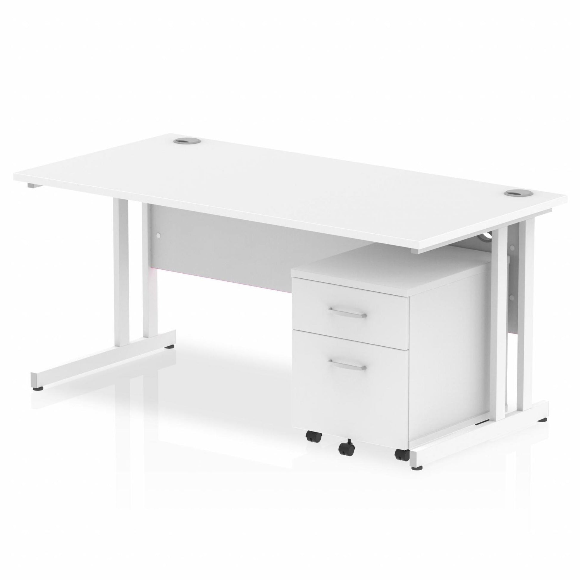 White straight desk with drawers on a white background