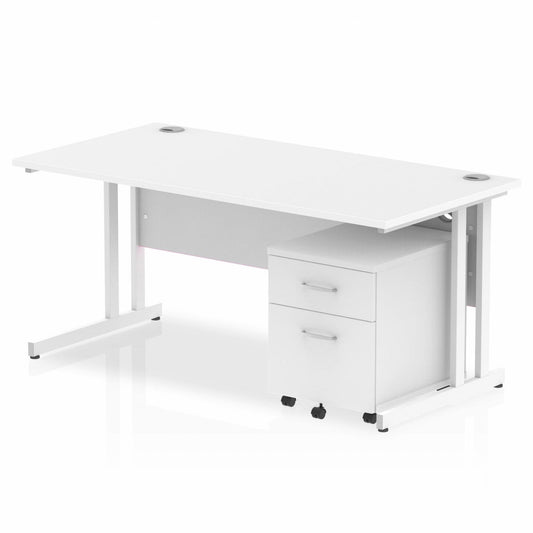 Impulse 1600x800mm Straight Desk, White Top with White Cantilever Legs inc 2 Drawer Mobile Pedestal
