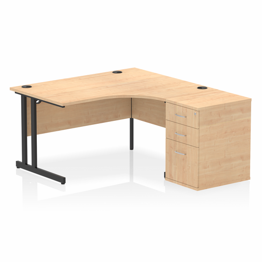 Impulse 1400mm Right Hand Curved Desk Maple, Black Cantilver Legs inc 3 Drawer Desk High Pedestal Ref I004460 OE