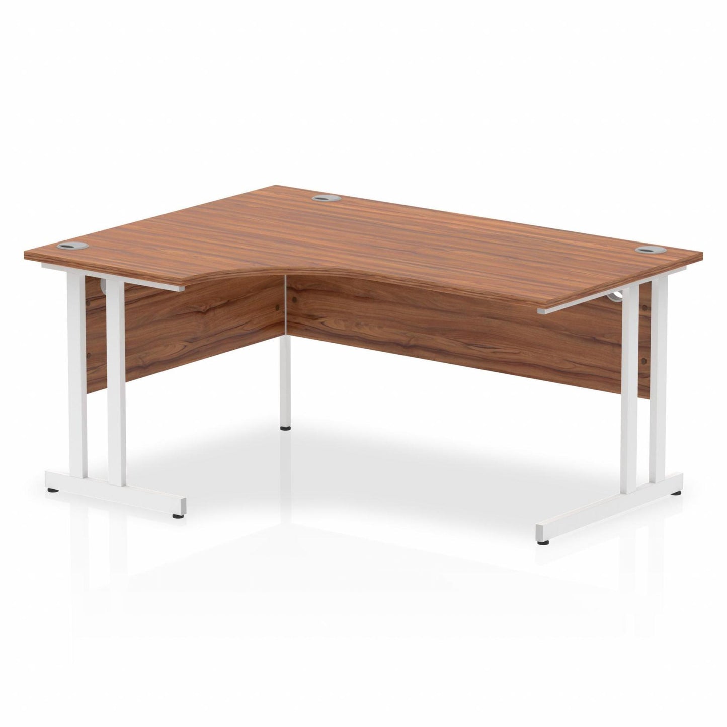 Walnut L-shaped desk with drawers on a white background