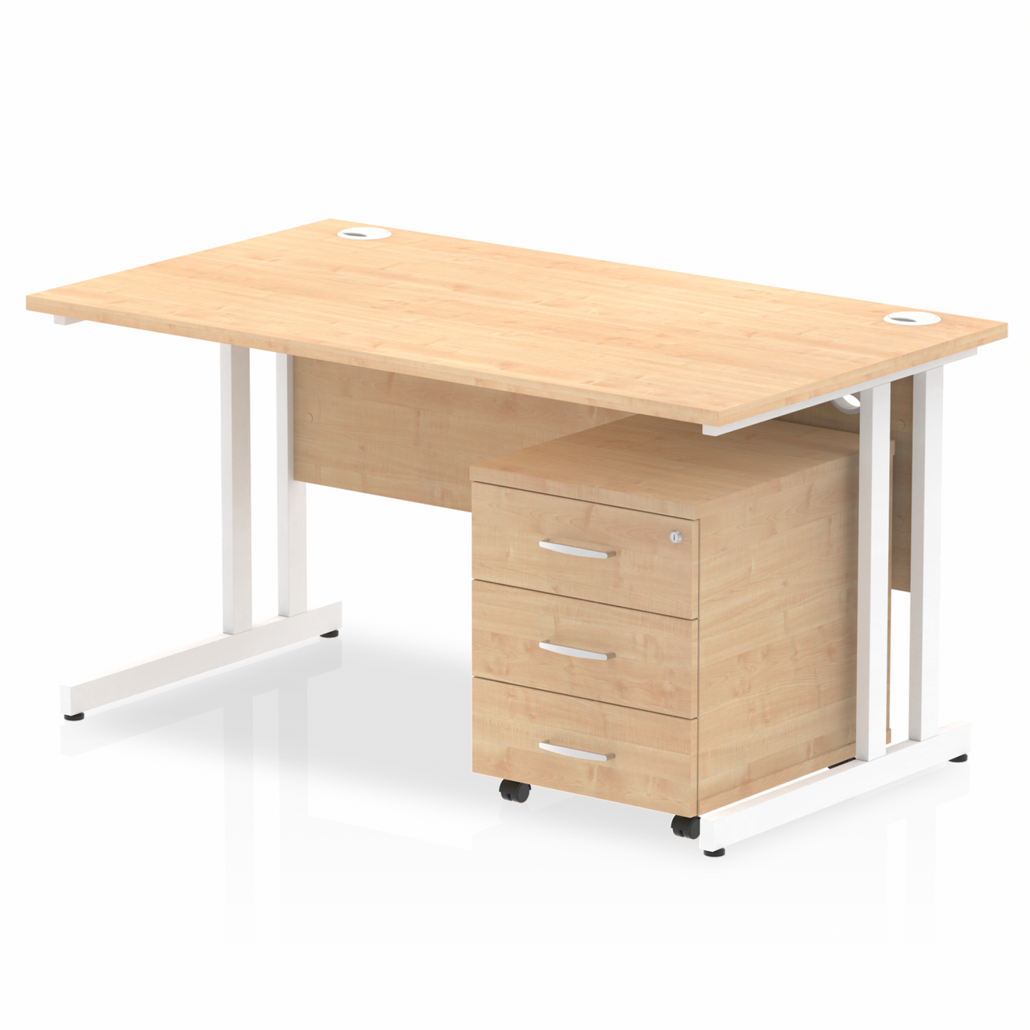 Impulse 1400mm Straight Desk Maple Top White Cantilever Legs & 3 Drawer Pedestal