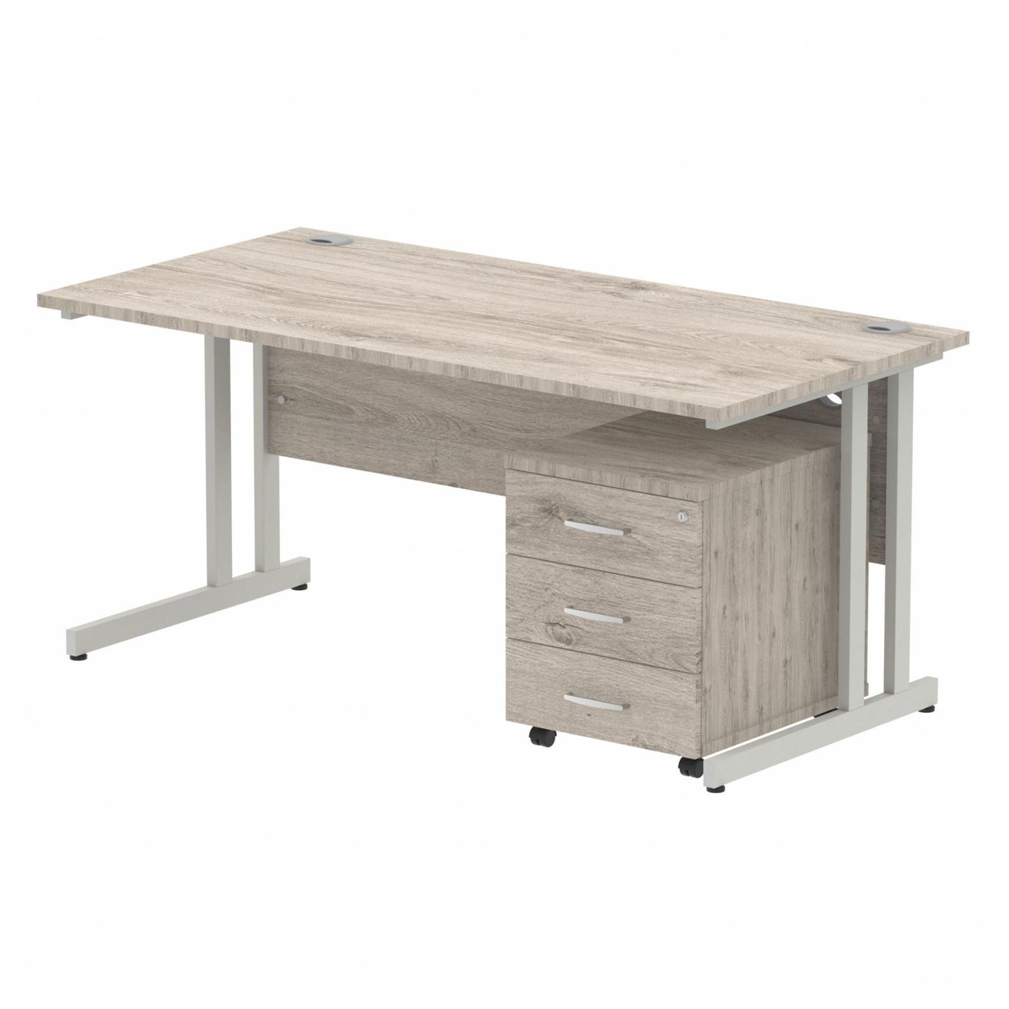 Impulse 1600x800mm Straight Desk, Grey Oak Top with Silver Cantilever Legs inc 3 Drawer Mobile Pedestal
