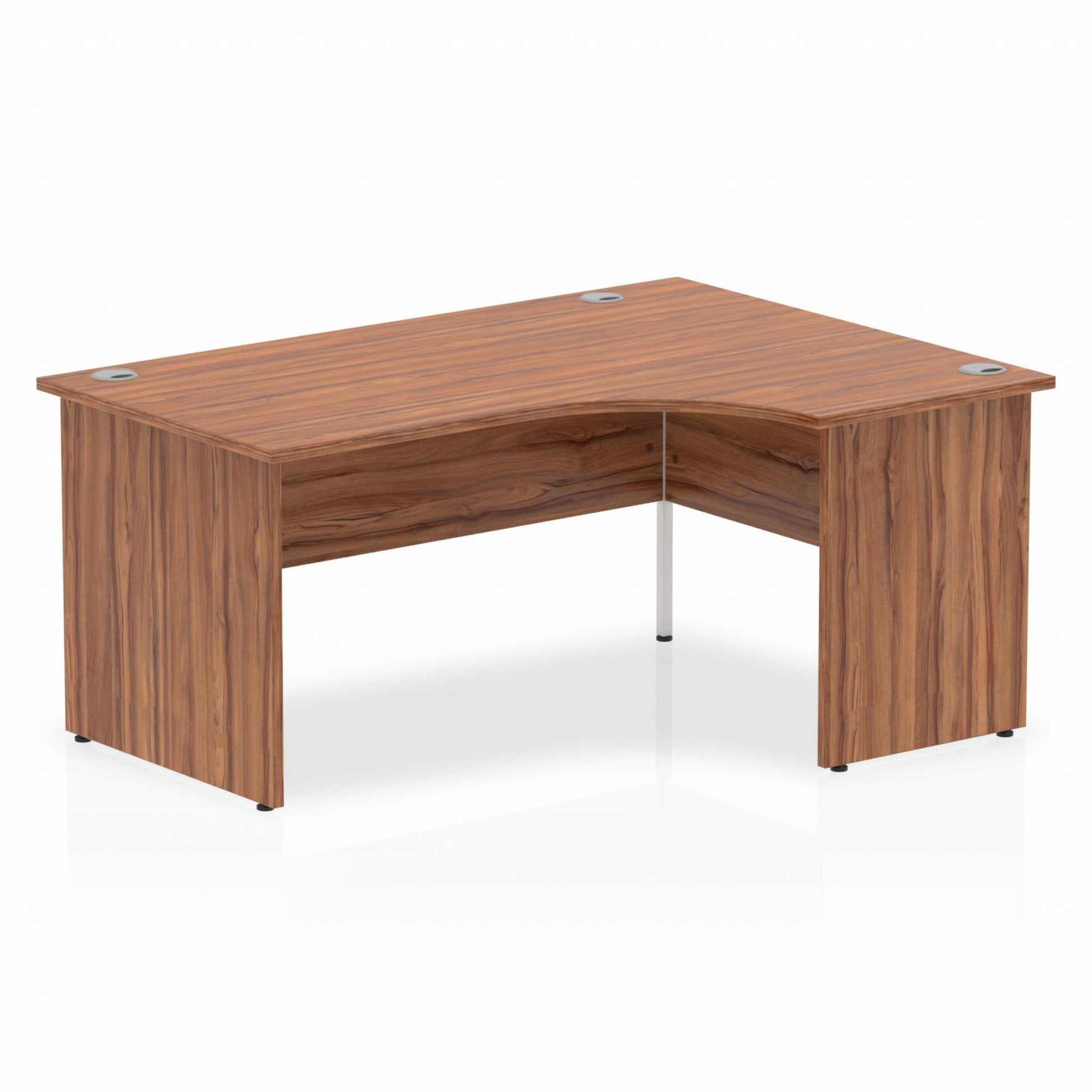 Walnut L-shaped desk with drawers on a white background