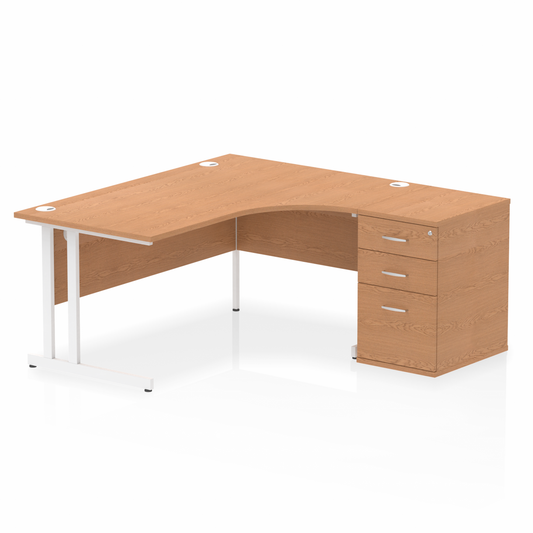 Impulse 1600mm Right Hand Curved Desk Oak, White Cantilver Legs inc 3 Drawer Desk High Pedestal Ref I004106 OE