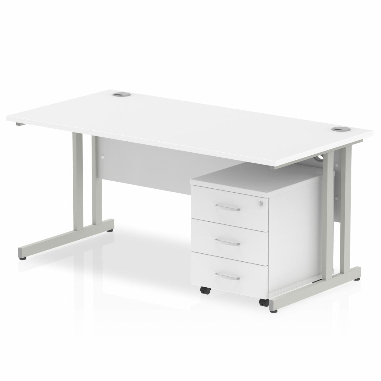 White straight desk with drawers on a white background
