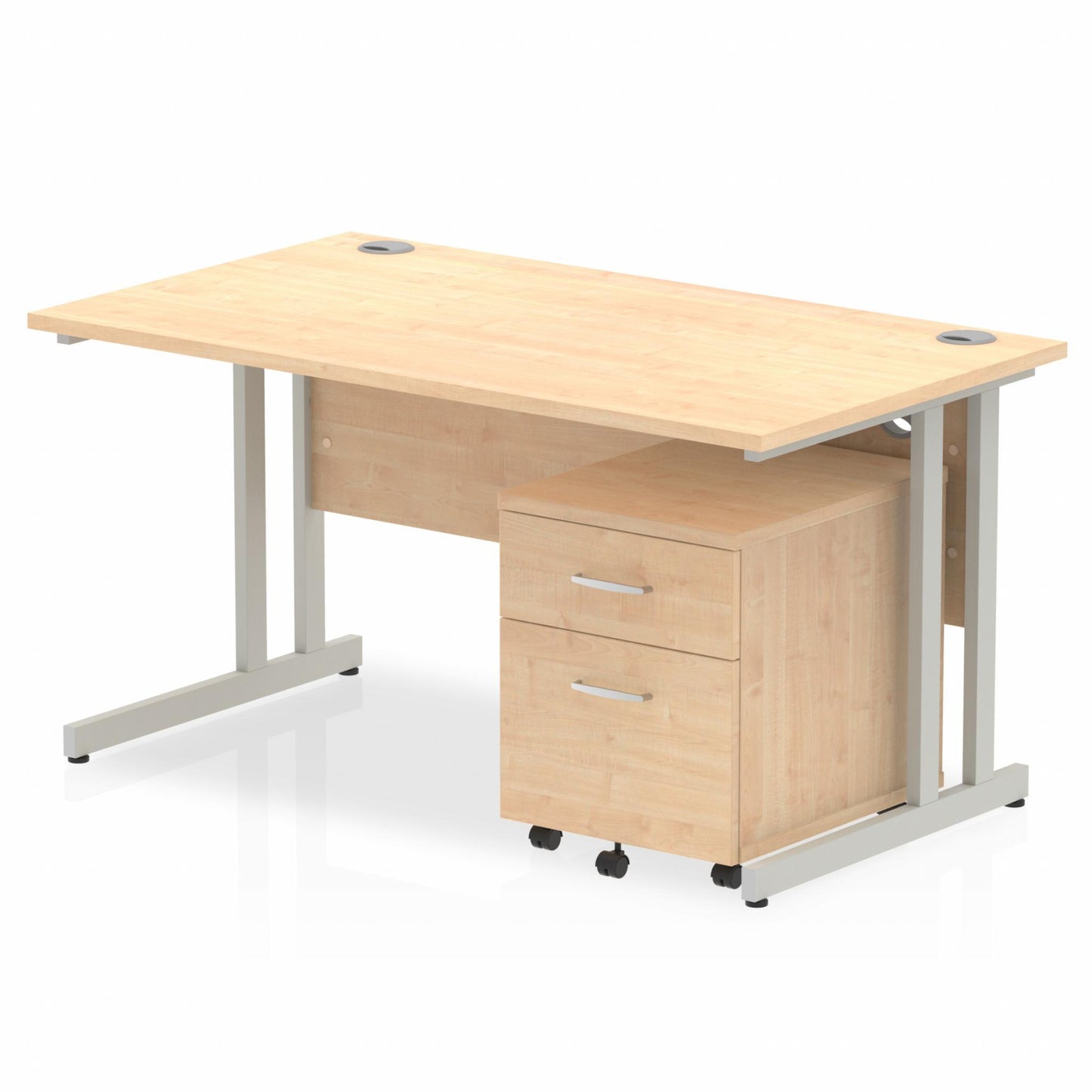 1400mm Straight Desk Maple Top Silver Cantilever Legs & 2 Drawer Ped D.F.