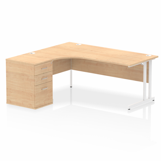 Impulse 1800mm Left Hand Curved Desk Maple, White Cantilver Legs inc 3 Drawer Desk High Pedestal Ref I004122 OE