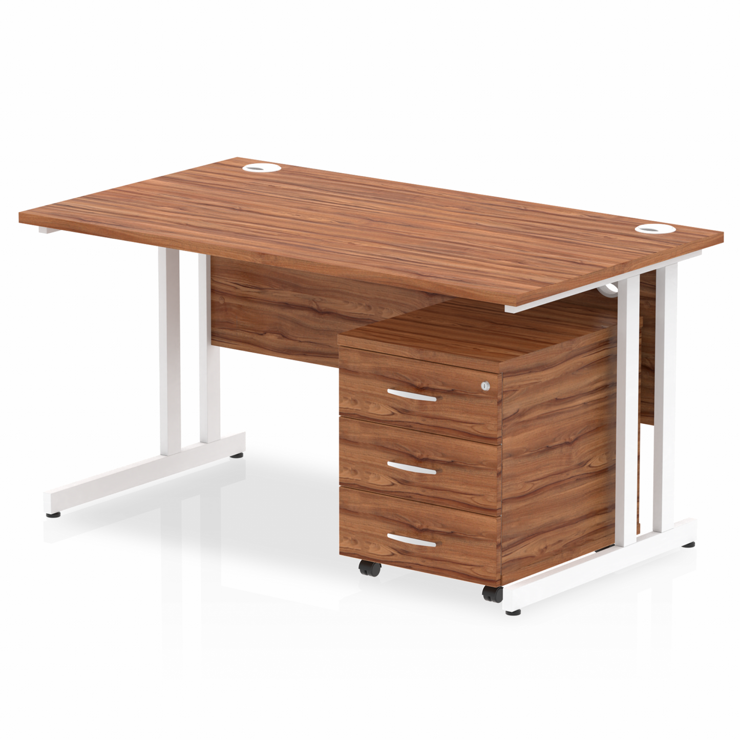 1400mm Straight Desk Walnut Top White Cantilever Legs & 3 Drawer Ped D.F.