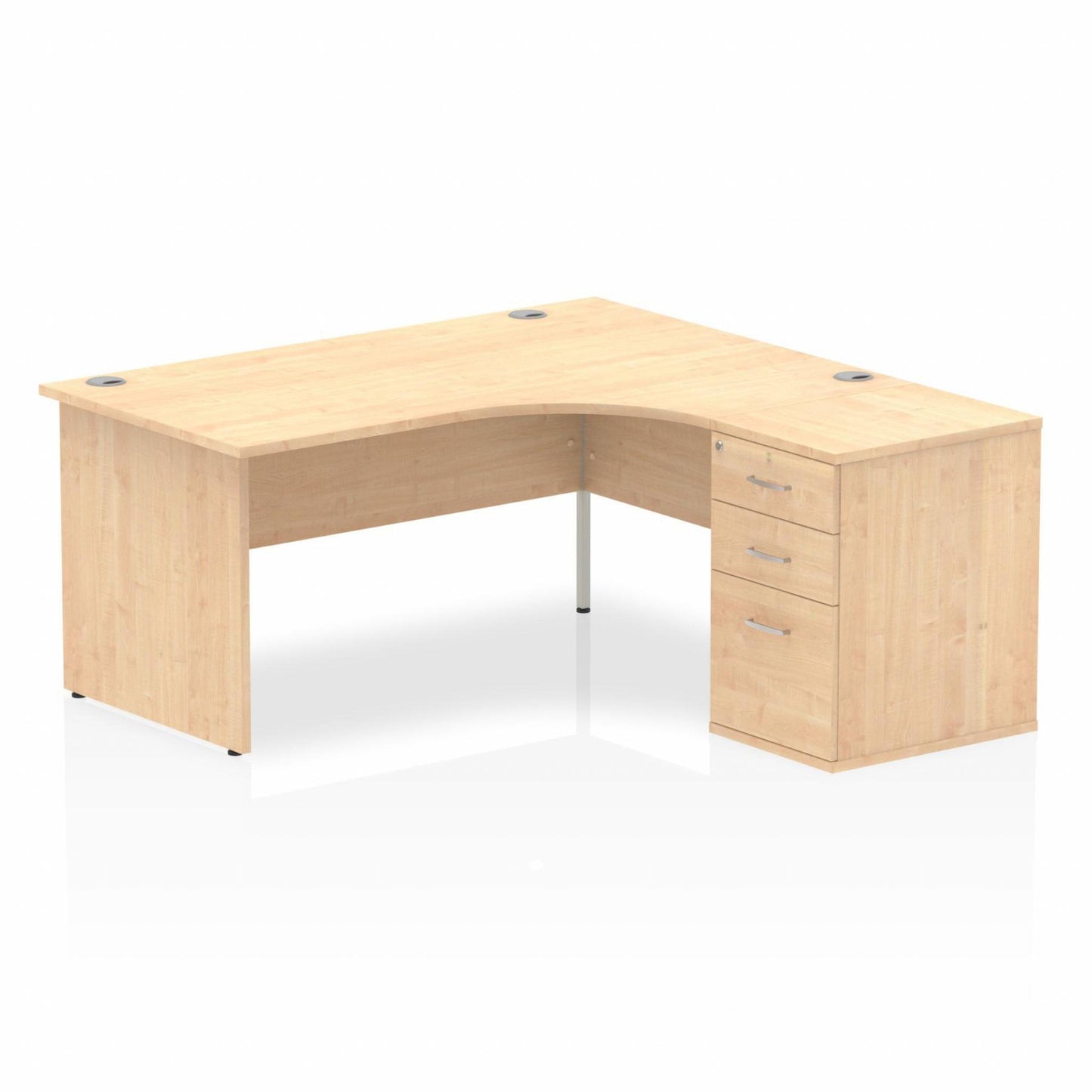 Maple L-shaped desk with drawers on a white background