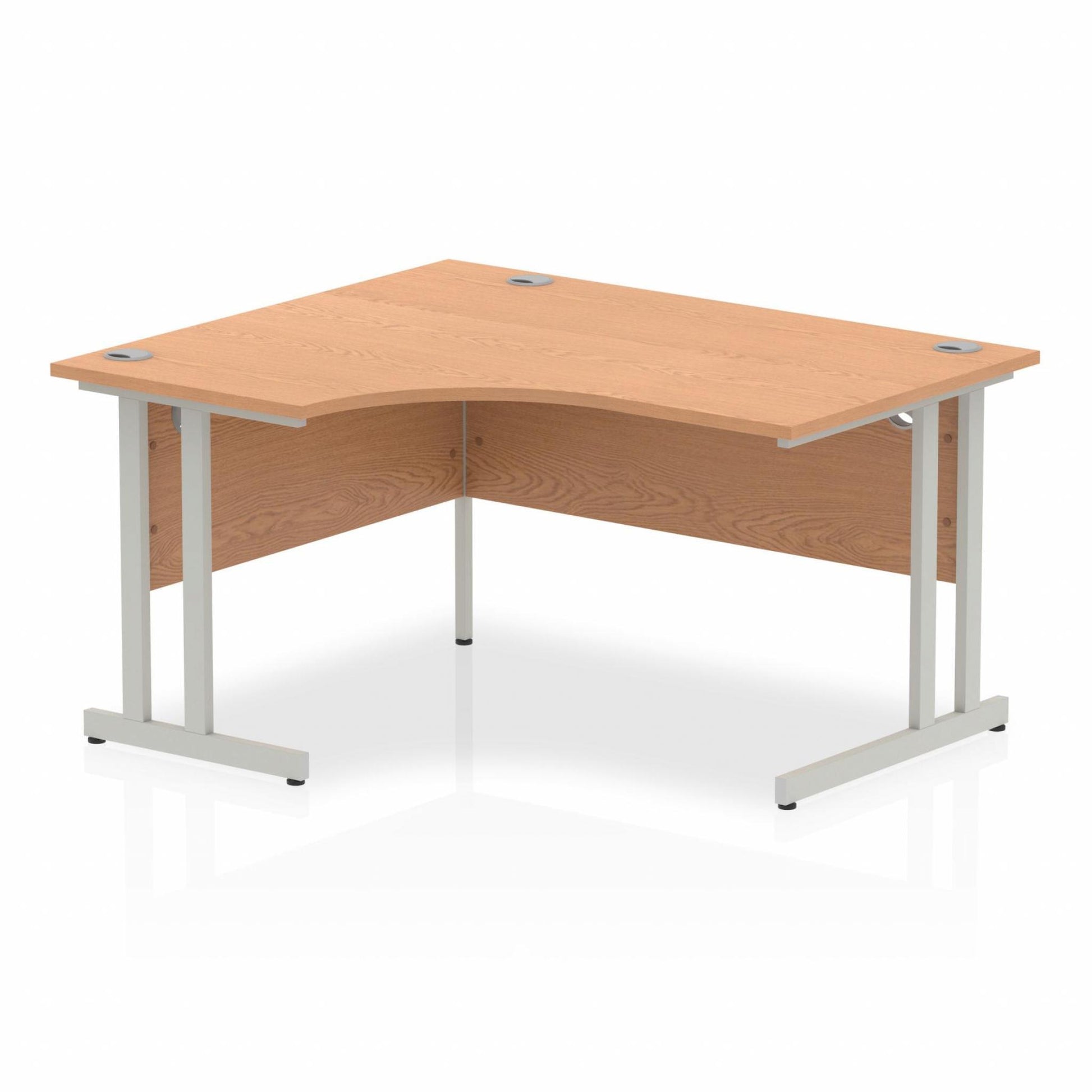 Oak L-shaped desk with drawers on a white background