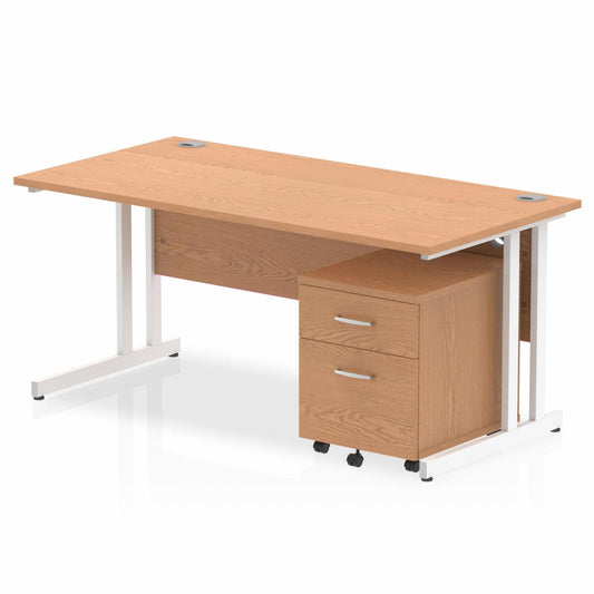 Impulse 1600mm Straight Desk Oak Top White Cantilever Legs & 2 Drawer Pedestal