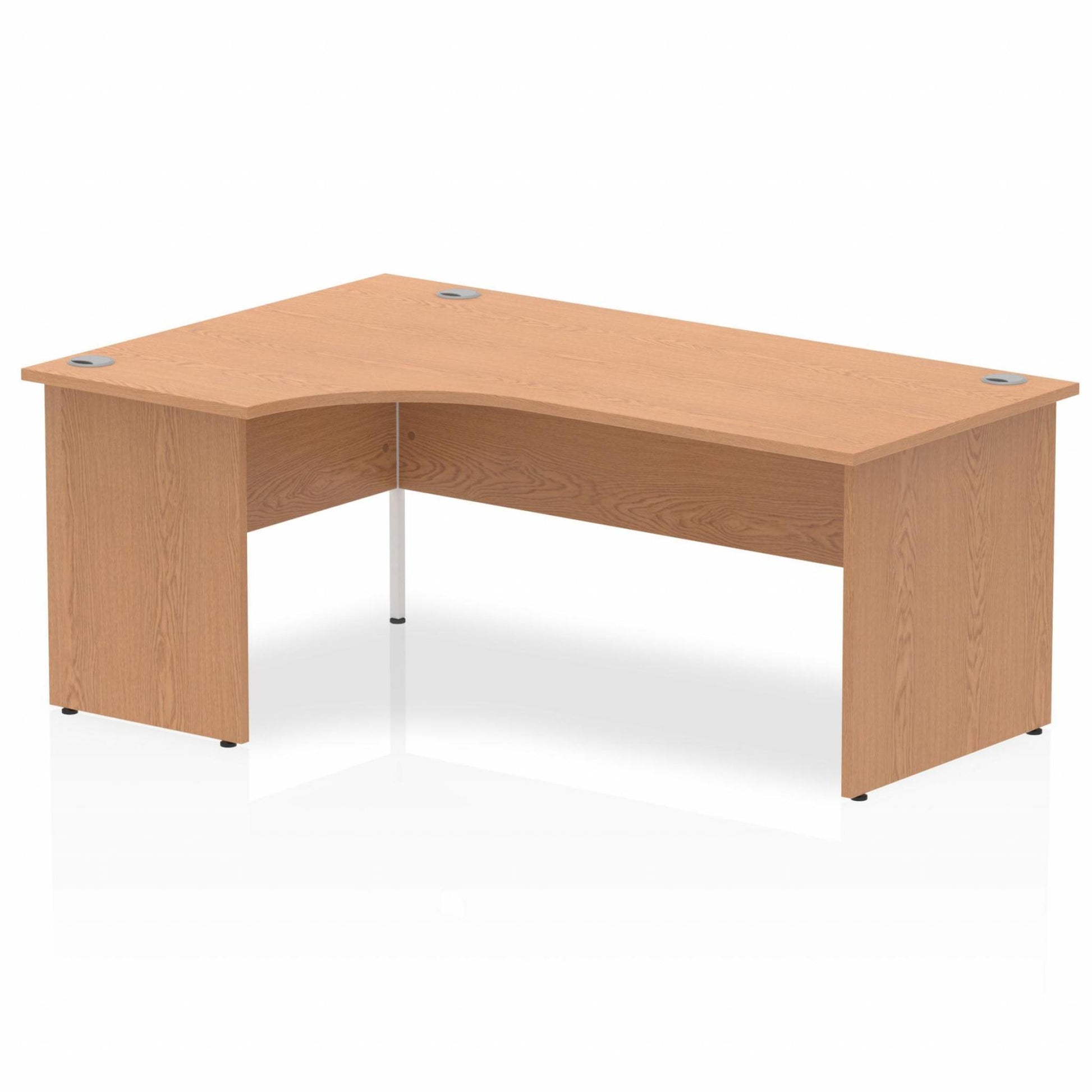 Oak L-shaped desk with drawers on a white background
