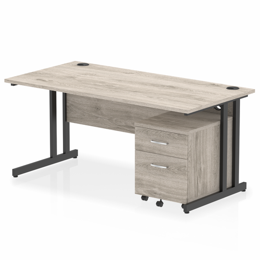 1600mm Straight Desk Grey Oak Top Black Cantilever Legs & 2 Drawer Ped D.F.