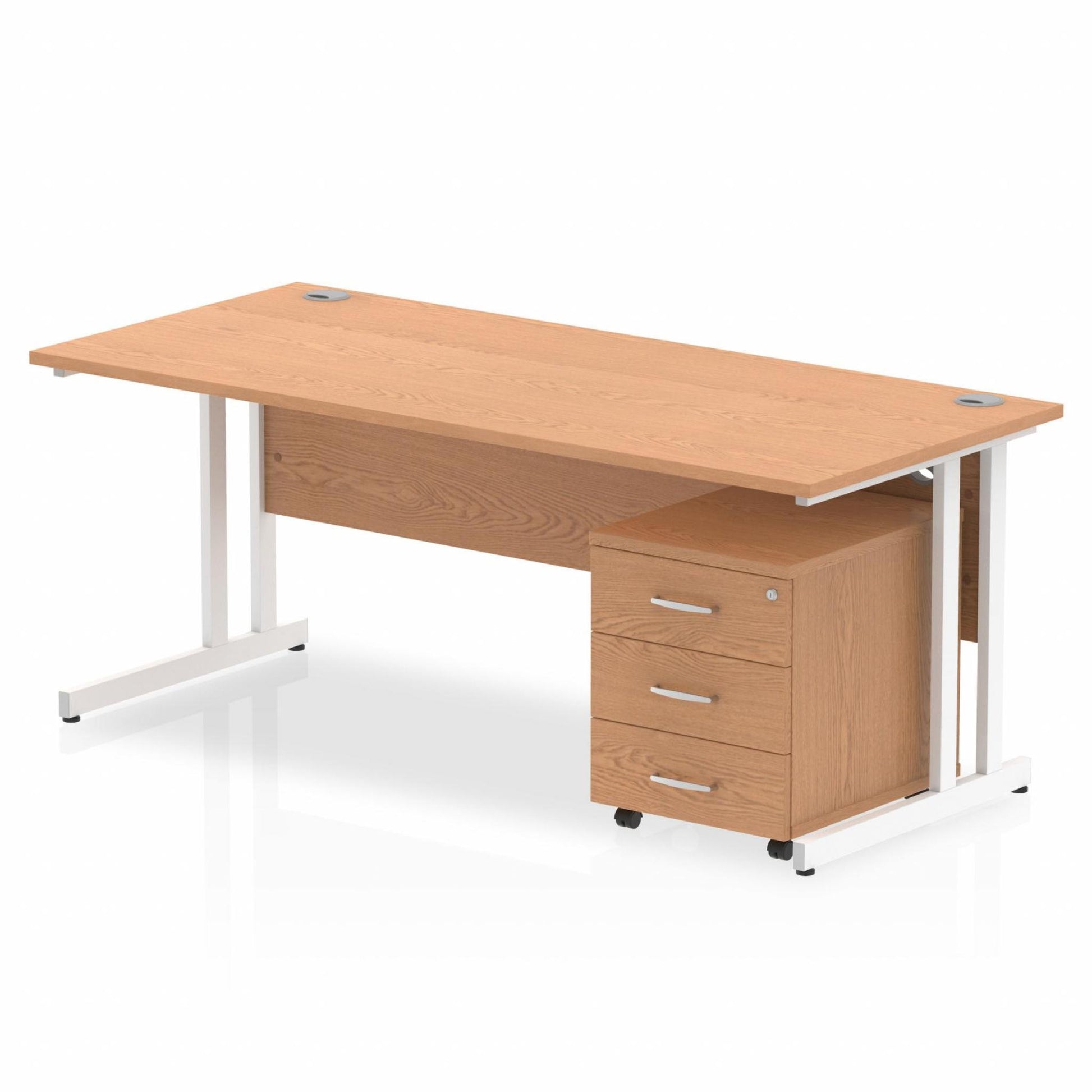 Oak straight desk with drawers on a white background