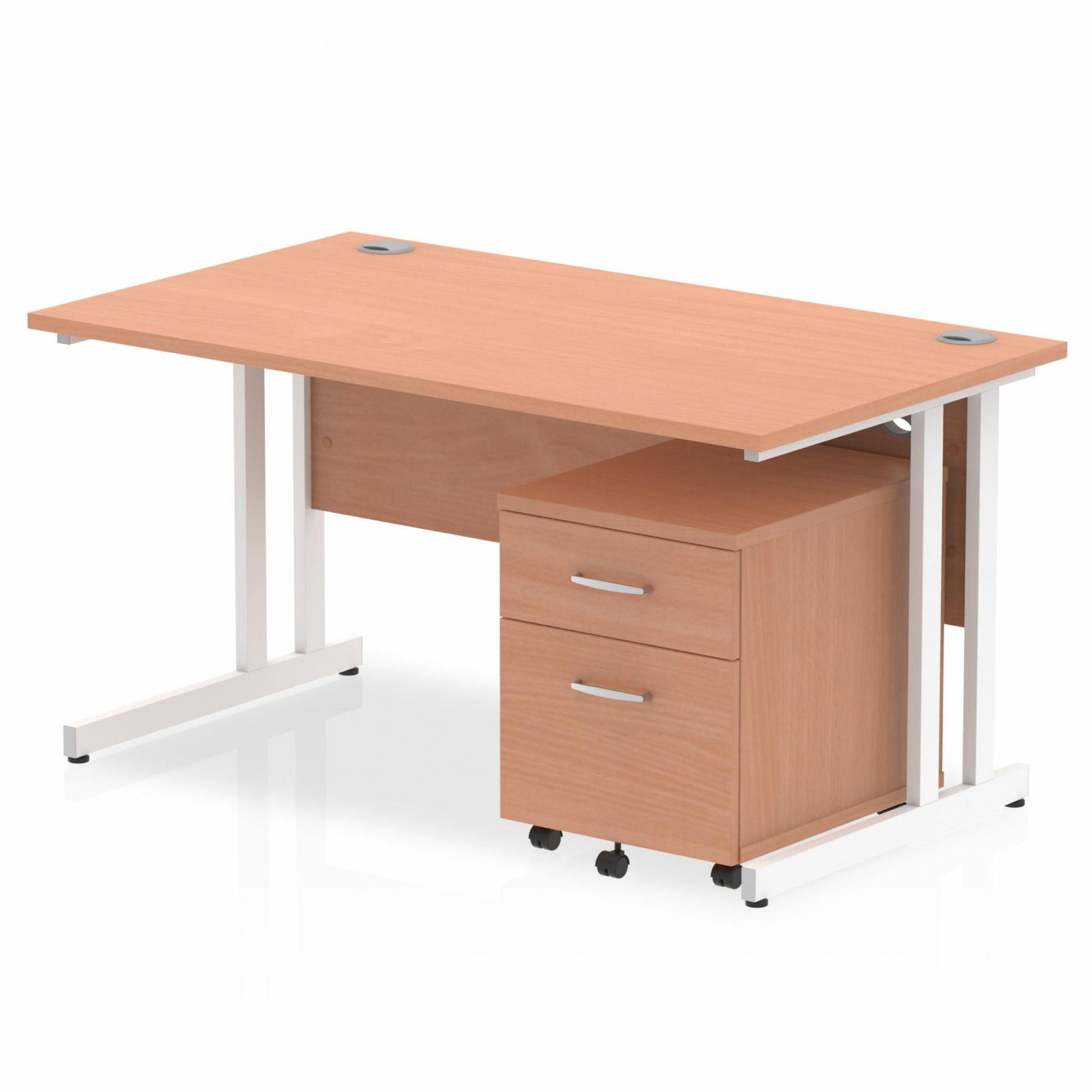 Beech straight desk with drawers on a white background