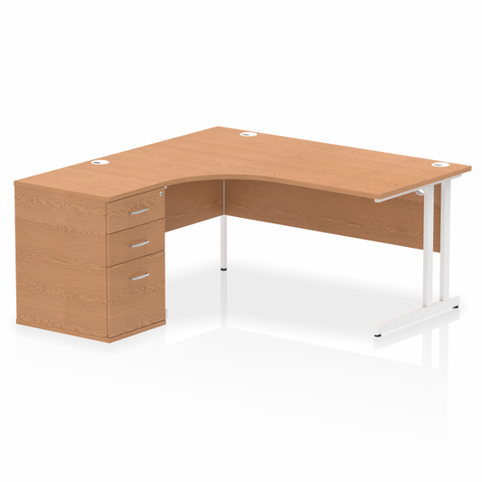 Impulse 1600mm Left Hand Curved Desk Oak, White Cantilver Legs inc 3 Drawer Desk High Pedestal Ref I004086 OE