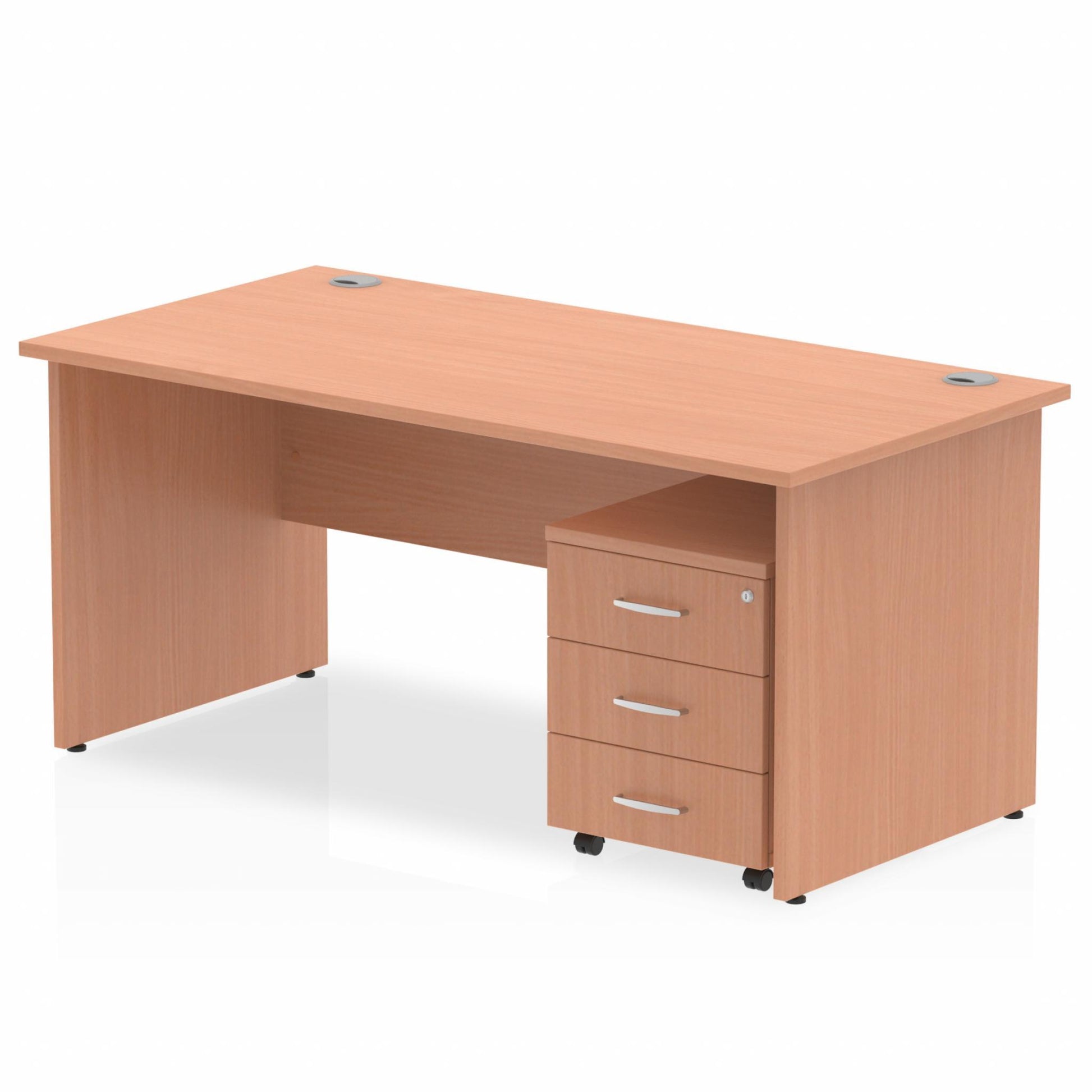 Beech straight desk with drawers on a white background