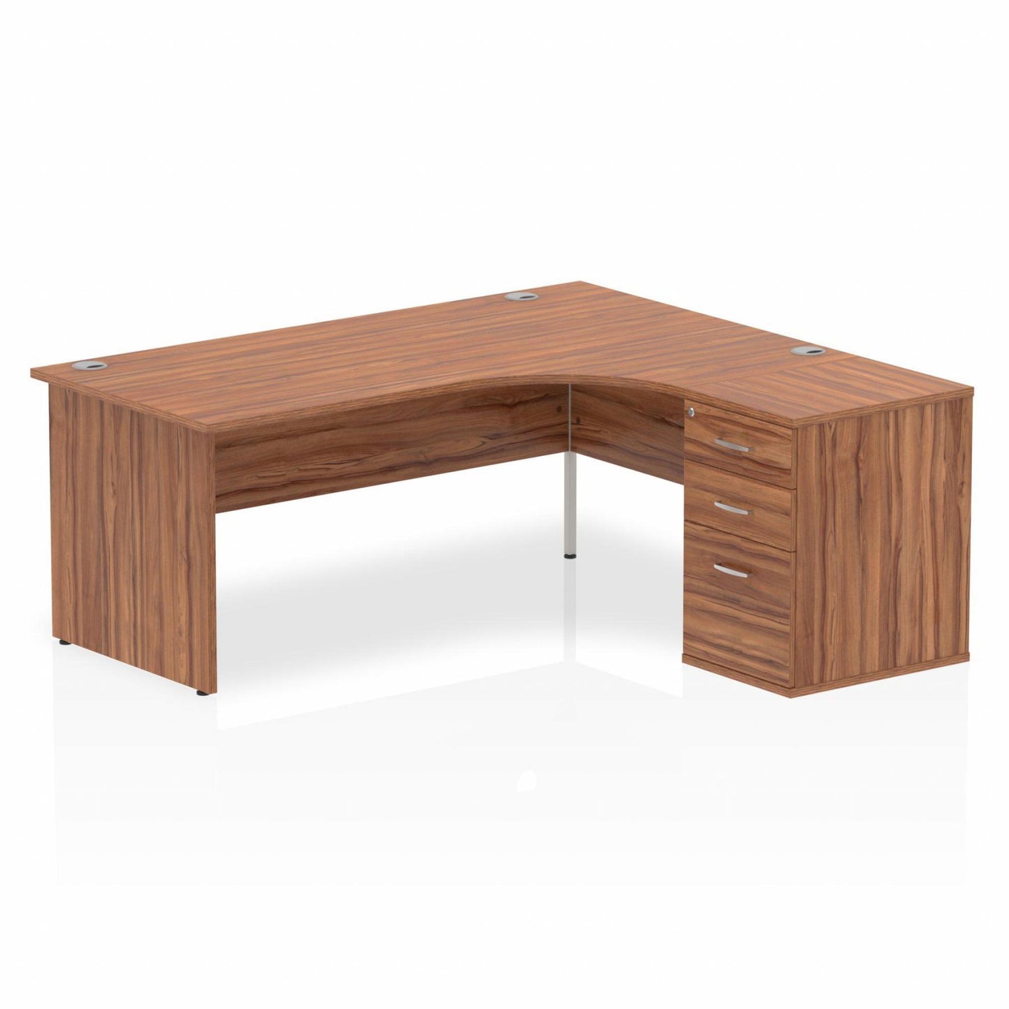 Walnut L-shaped desk with drawers on a white background