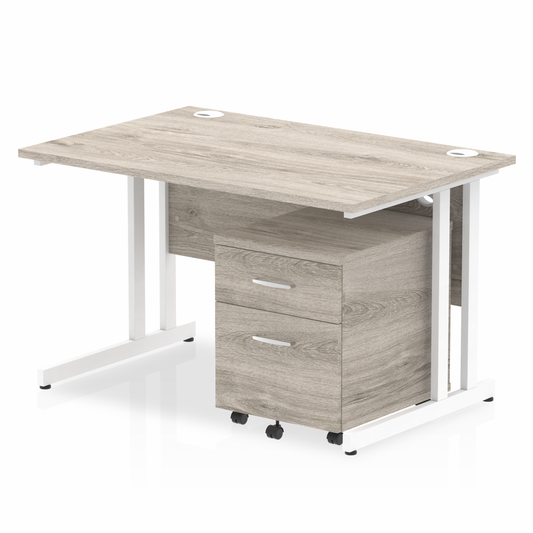 1200mm Straight Desk Grey Oak Top White Cantilever Legs & 2 Drawer Ped D.F.