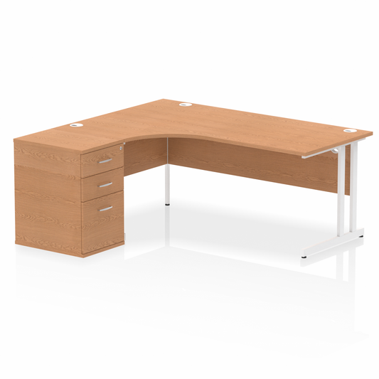 Impulse 1800mm Left Hand Curved Desk Oak, White Cantilver Legs inc 3 Drawer Desk High Pedestal Ref I004126 OE