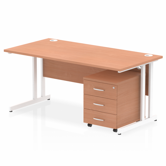 Impulse 1600mm Straight Desk Beech Top White Cantilever Legs & 3 Drawer Pedestal