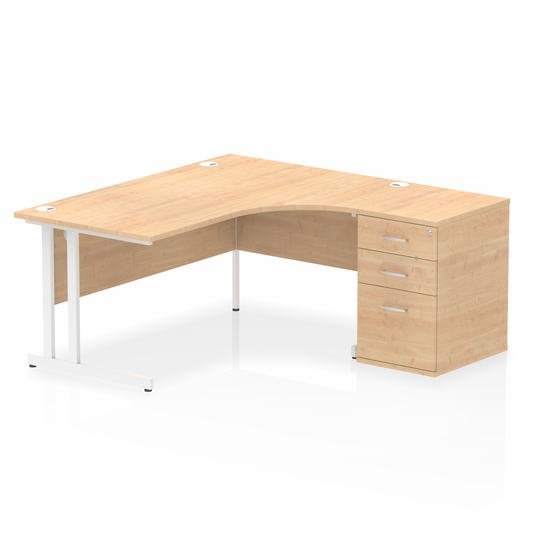 Impulse 1600mm Right Hand Curved Desk Maple, White Cantilver Legs inc 3 Drawer Desk High Pedestal Ref I004102 OE