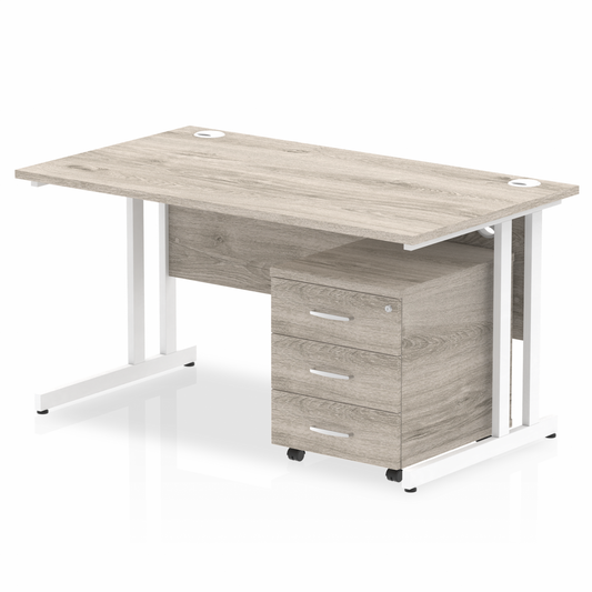 1400mm Straight Desk Grey Oak Top White Cantilever Legs & 3 Drawer Ped D.F.