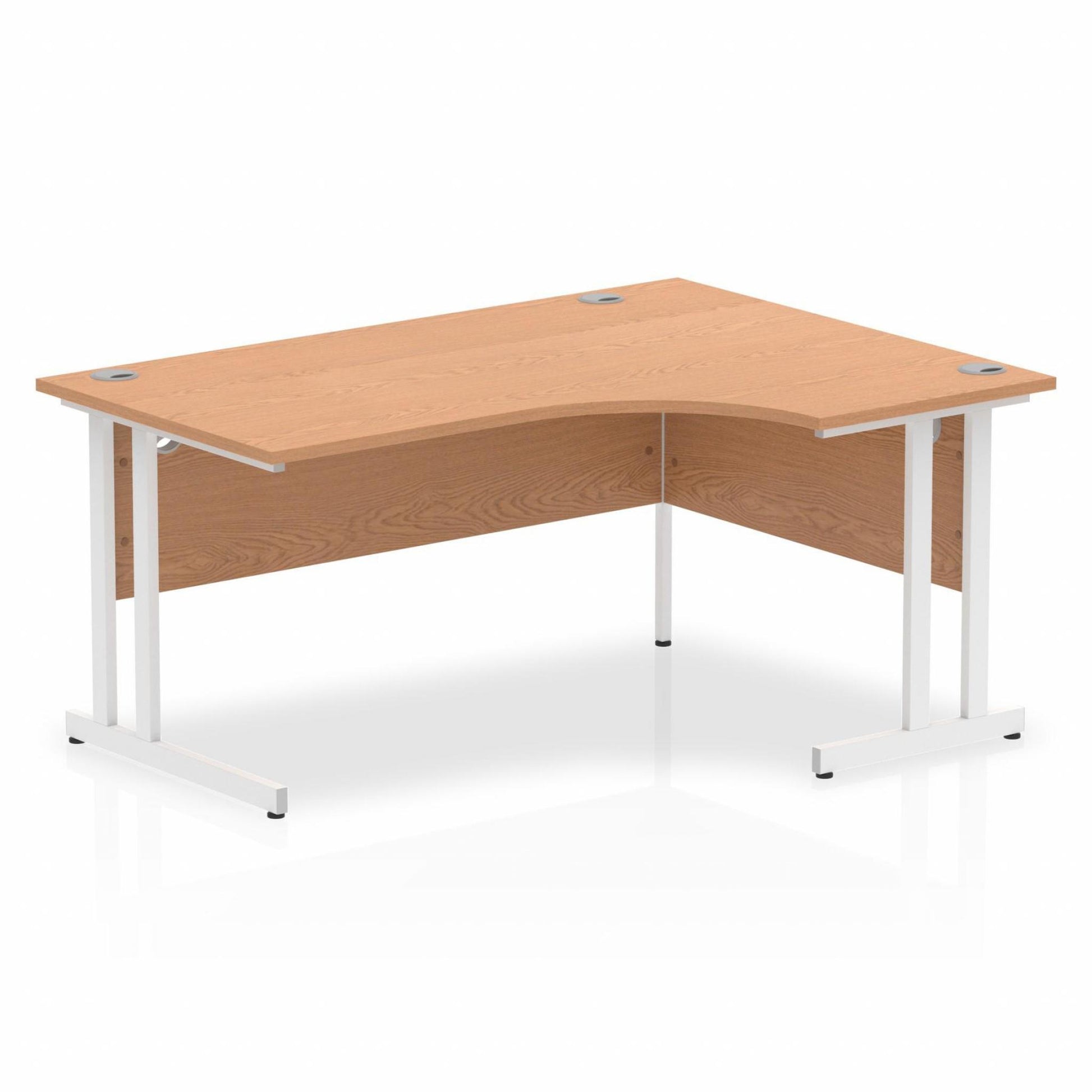 Oak L-shaped desk with drawers on a white background