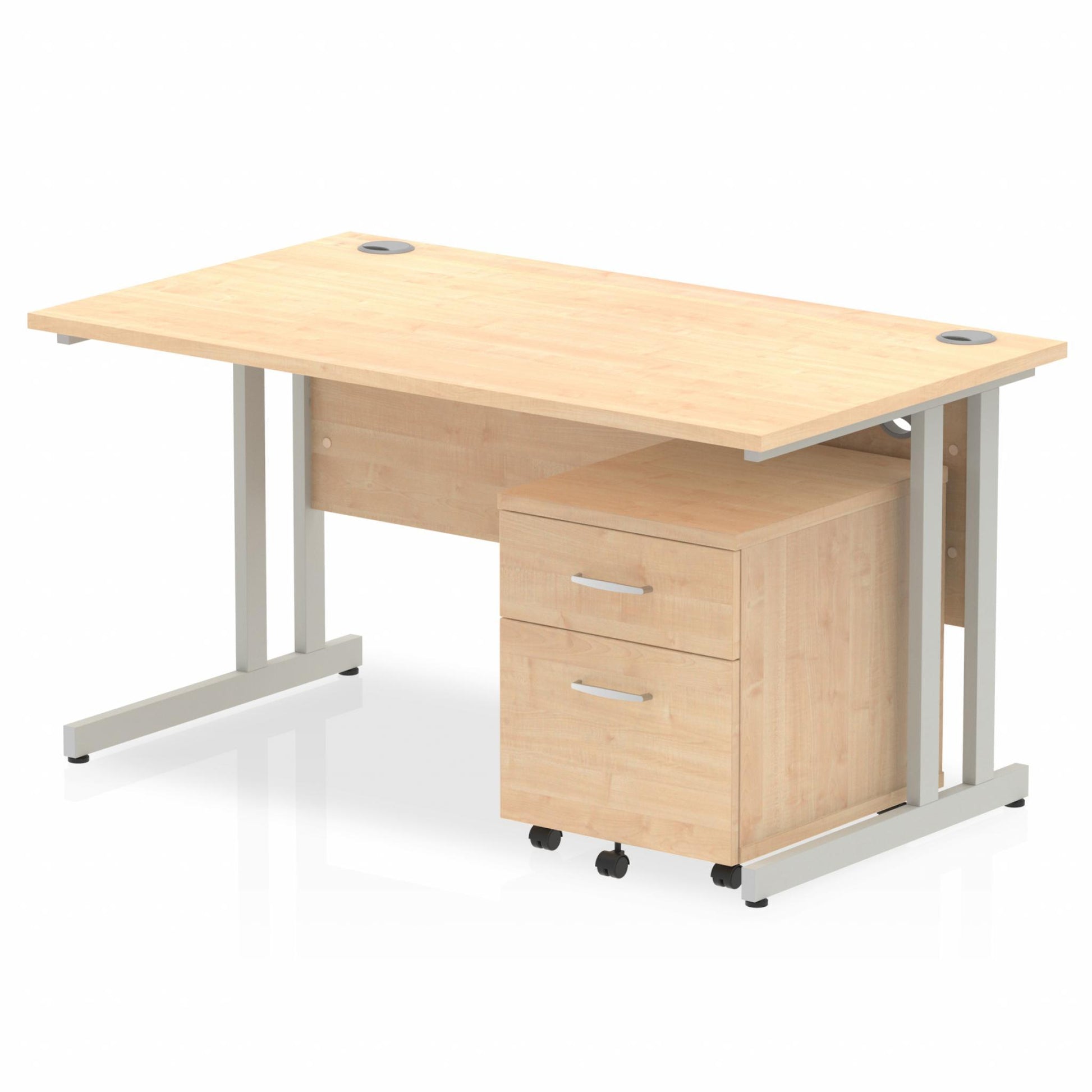 Maple straight desk with drawers on a white background