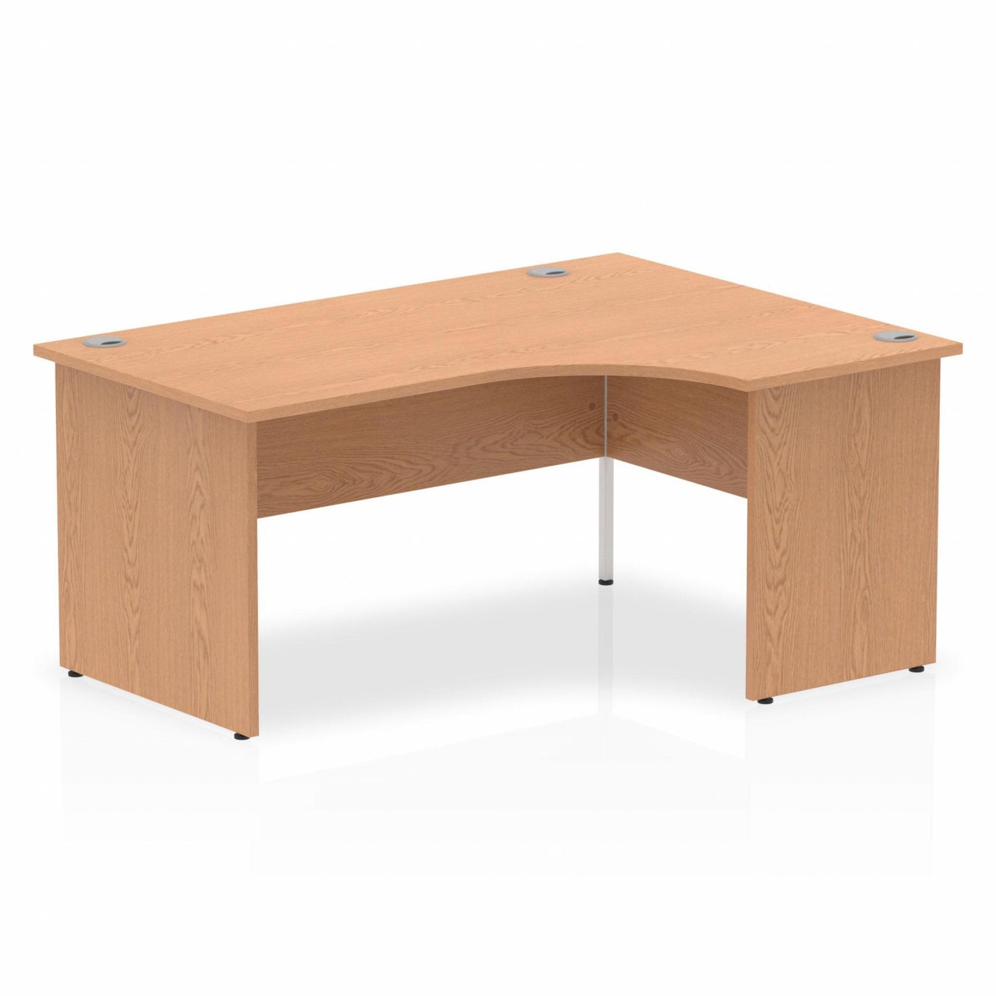 Oak L-shaped desk with drawers on a white background