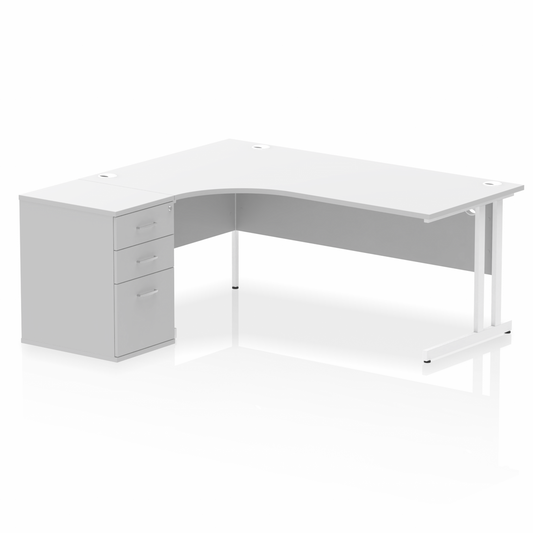 Impulse 1800mm Left Hand Curved Desk White, White Cantilver Legs inc 3 Drawer Desk High Pedestal Ref I004162 OE