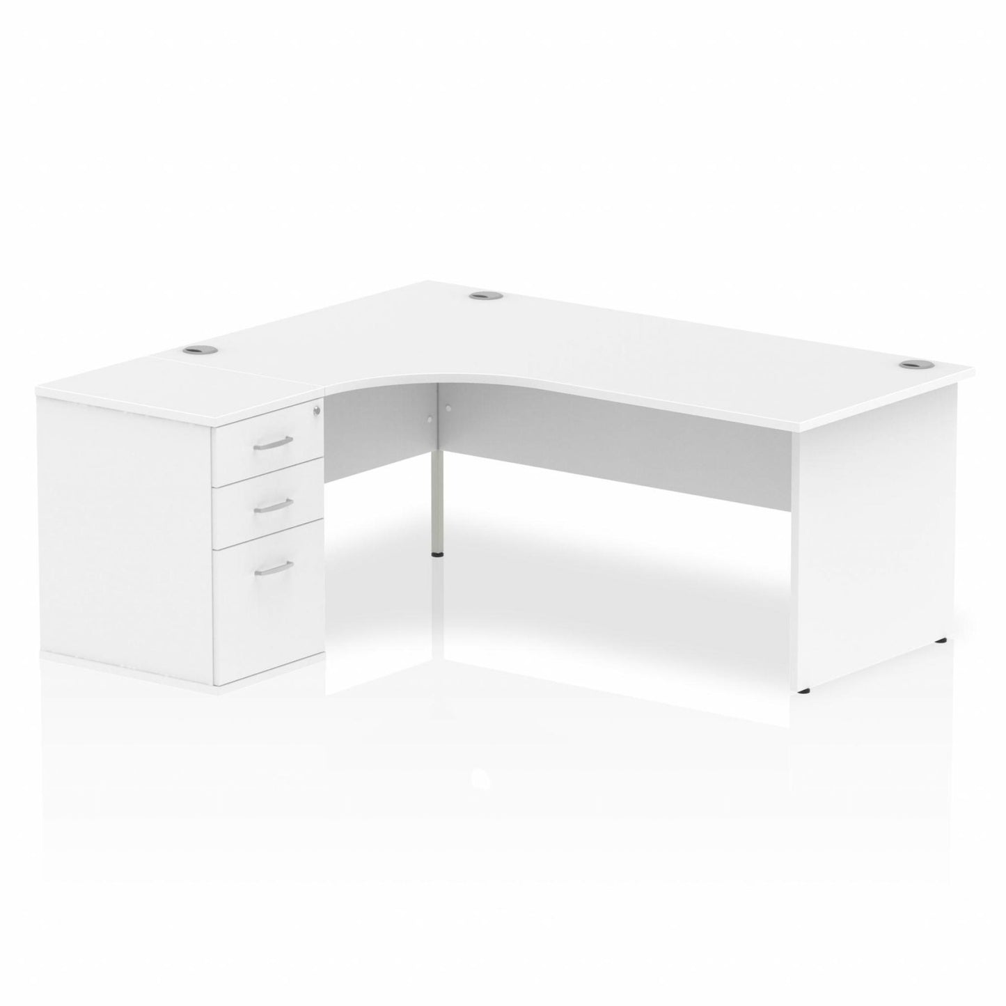Impulse 1800mm Left Hand Curved Desk, White Top with Wooden Panel Legs inc 3 Drawer Desk High Pedestal