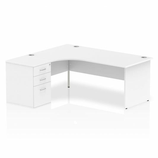 Impulse 1800mm Left Hand Curved Desk, White Top with Wooden Panel Legs inc 3 Drawer Desk High Pedestal