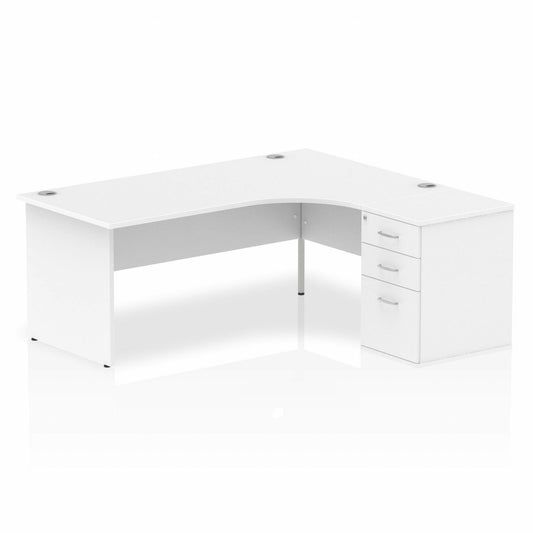 Impulse 1800mm Right Hand Curved Desk, White Top with Wooden Panel Legs inc 3 Drawer Desk High Pedestal