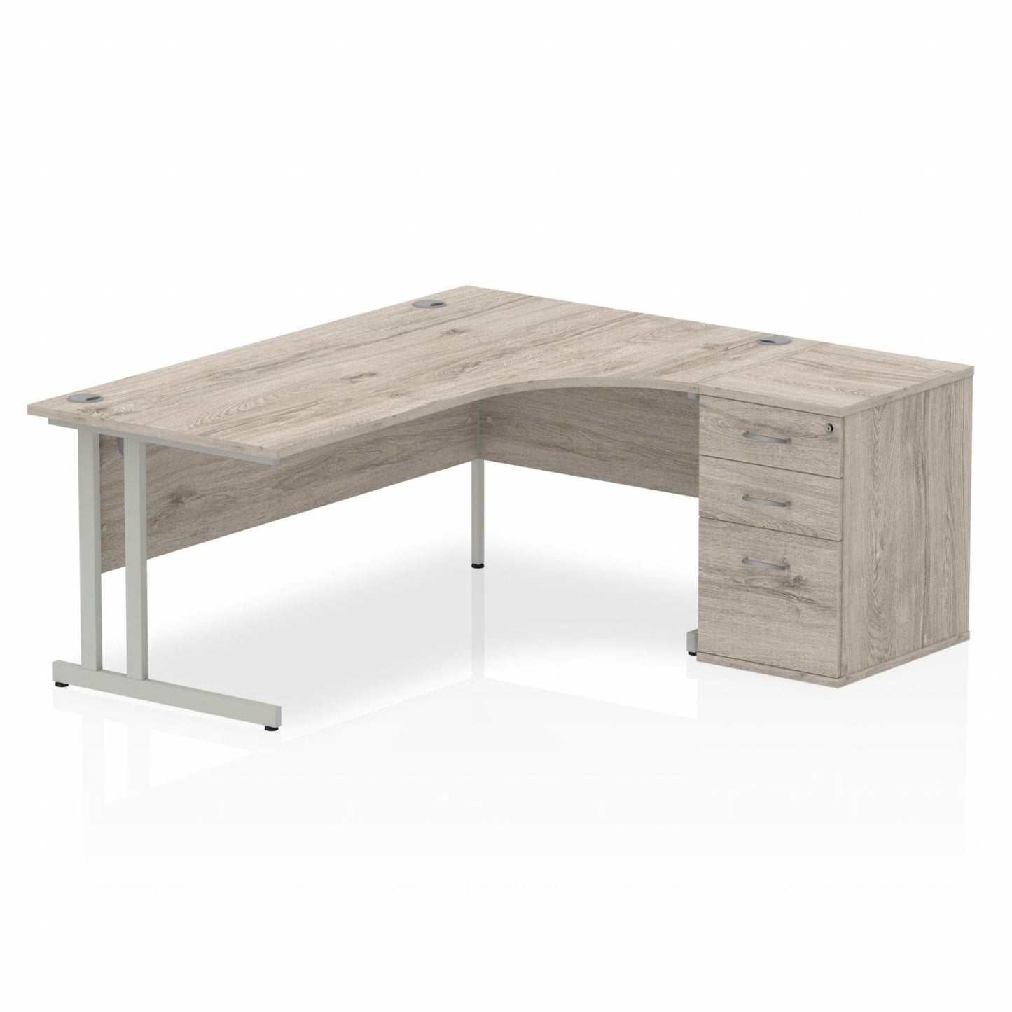 Impulse 1800mm Right Hand Curved Desk, Grey Oak Top with Silver Cantilver Legs inc 3 Drawer Desk High Pedestal