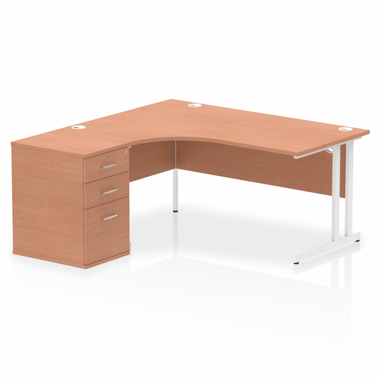 Impulse 1600mm Left Hand Curved Desk Beech, White Cantilver Legs inc 3 Drawer Desk High Pedestal Ref I004074 OE